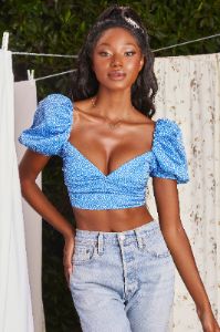 Puff Sleeve Crop Top in Blue sold by Oh Polly