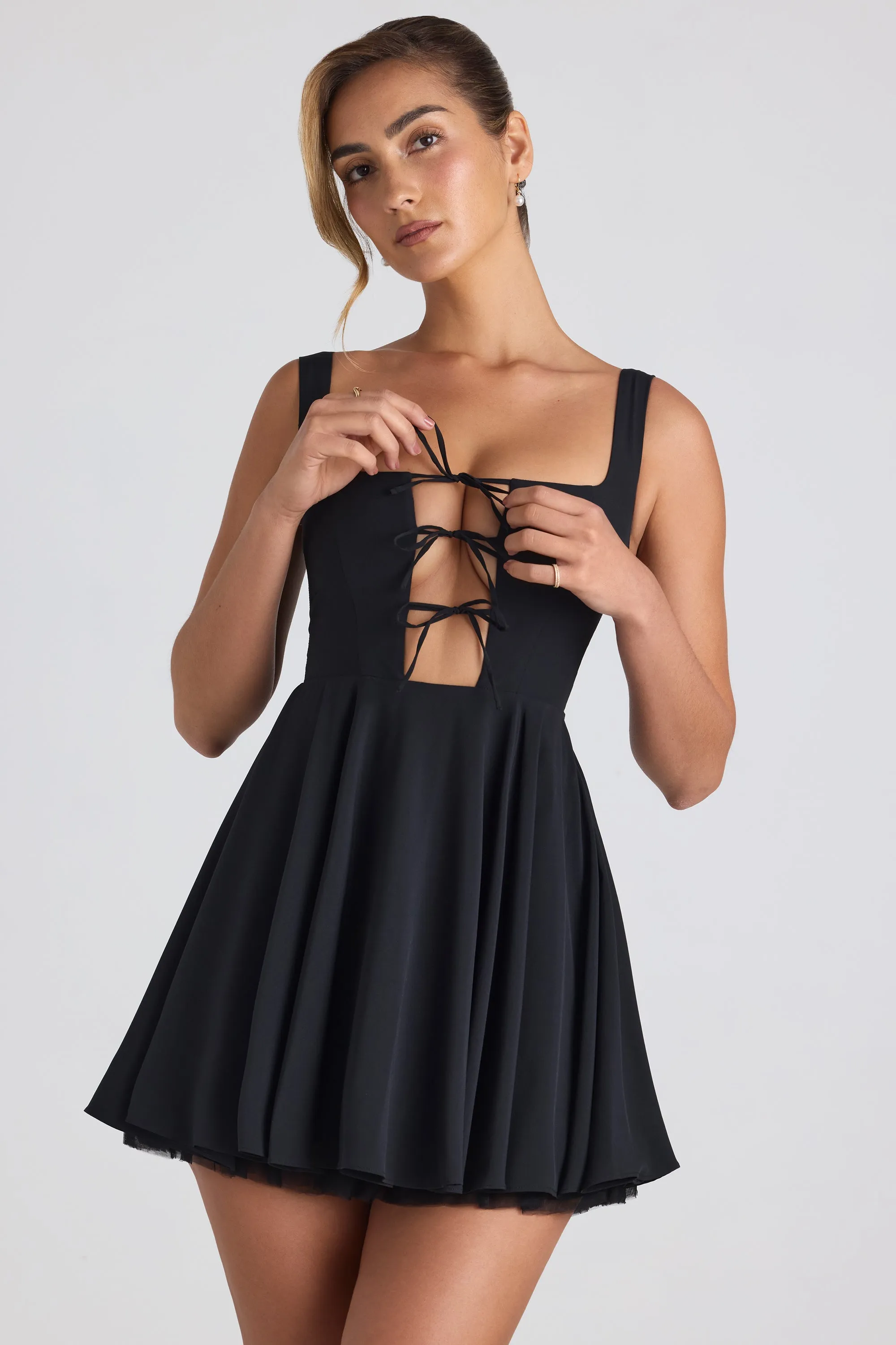 Tie-Detail A-Line Micro Mini Dress in Black | Parallel