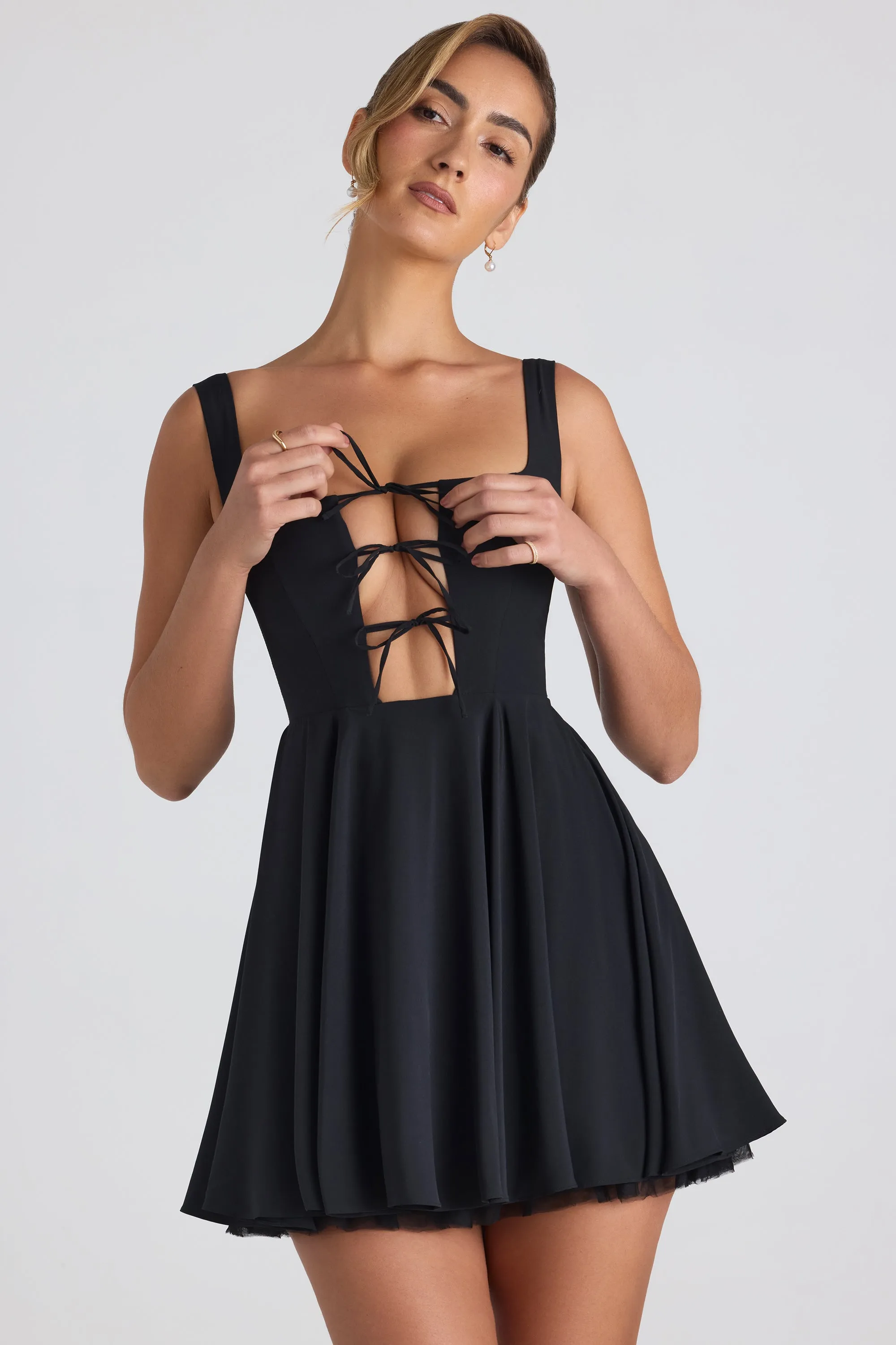 Tie-Detail A-Line Micro Mini Dress in Black | Parallel