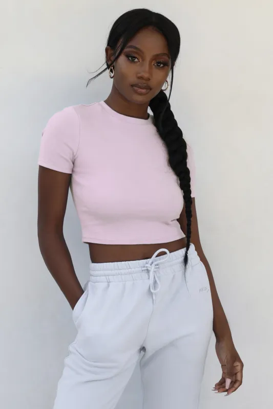 Staple Short Sleeve Crop Top in Pink sold by Oh Polly