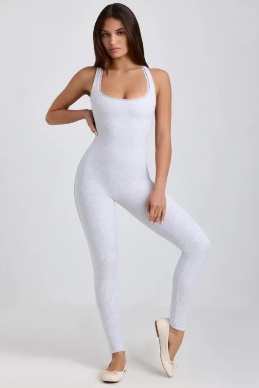 Tall Ribbed Modal Lace-Trim Jumpsuit in Grey sold by Oh Polly