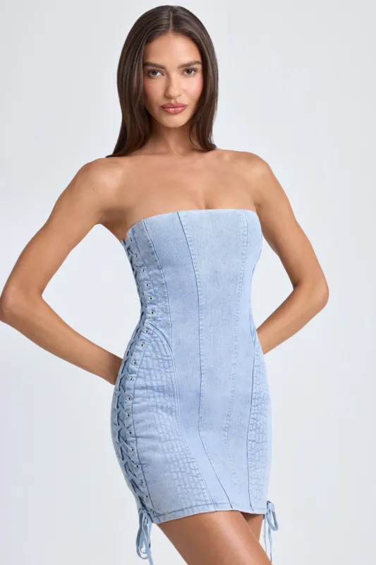 Bandeau Lace-Up Mini Dress in Light Blue Stonewash sold by Oh Polly