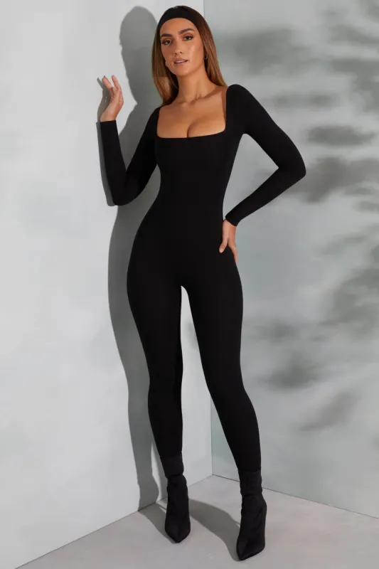 Tall Square Neck Long Sleeve Jumpsuit in Black sold by Oh Polly