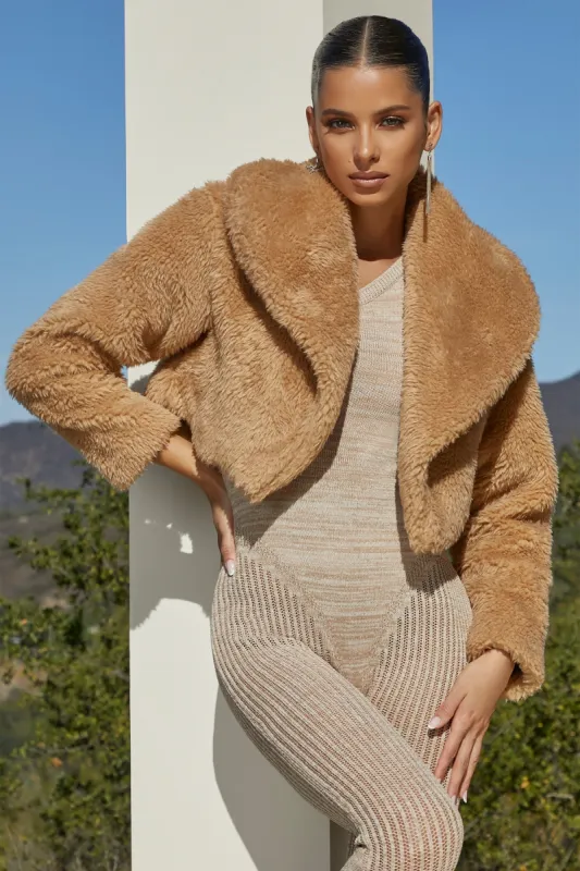Cropped Oversized Collar Teddy Jacket in Tan made by Oh Polly