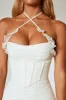 Asymmetric Hem Halter Neck Corset Midi Dress in Ivory sold by Oh Polly