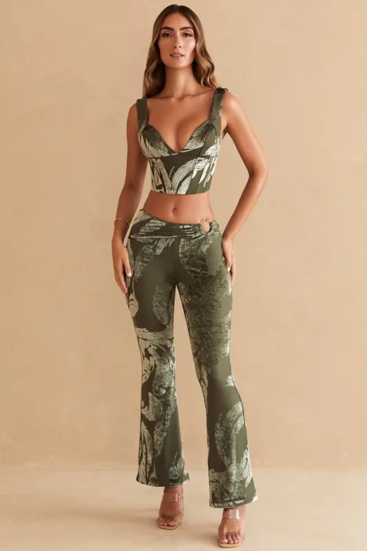 Ring Detail Bootleg Trousers in Olive Print sold by Oh Polly