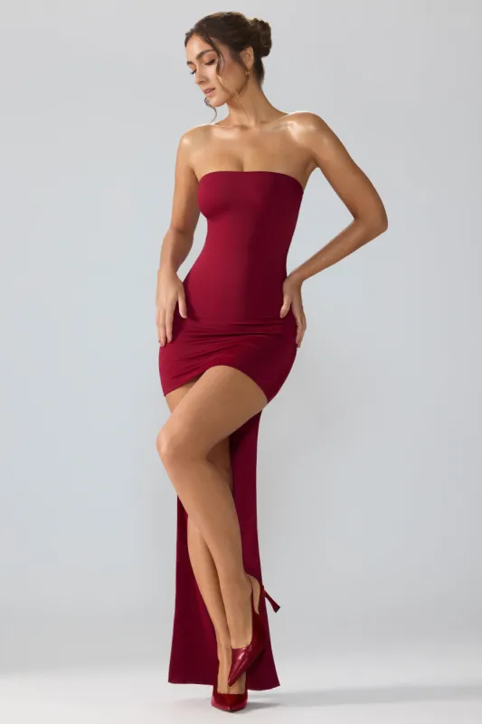 Premium Jersey Lace Up Back Mini Dress with Train in Ruby sold by Oh Polly