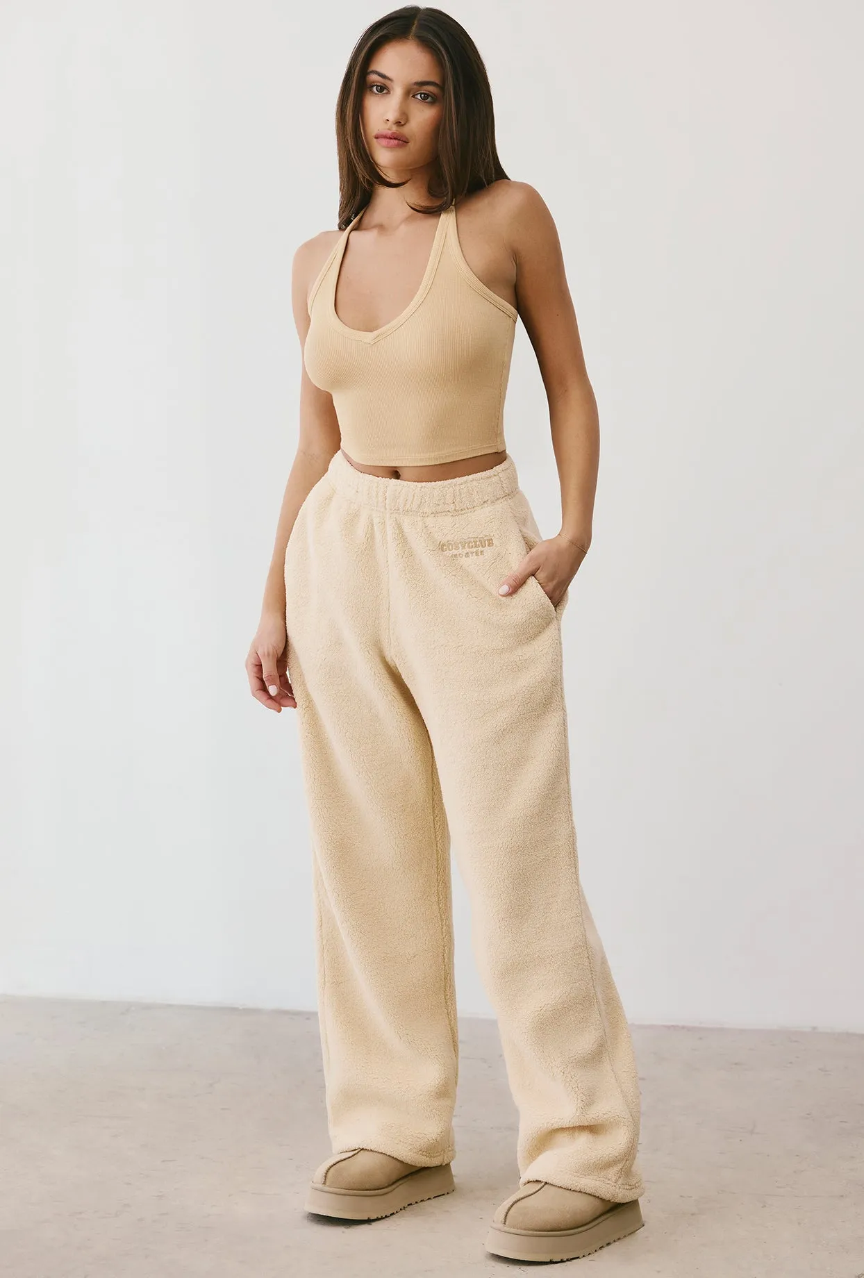 Fleece Wide Leg Joggers in Cashmere sold by Oh Polly