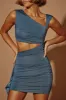 Asymmetric Ruched Mini Dress in Steel Blue sold by Oh Polly