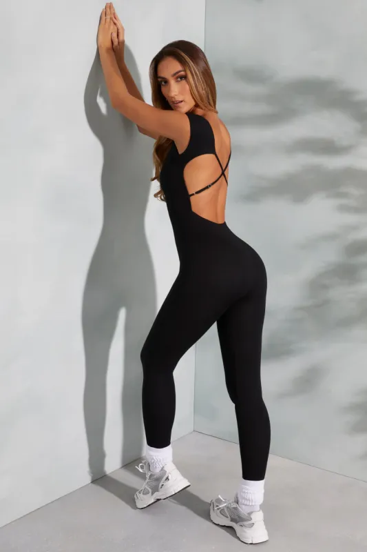Tall Open Back Scoop Neck Jumpsuit in Black sold by Oh Polly