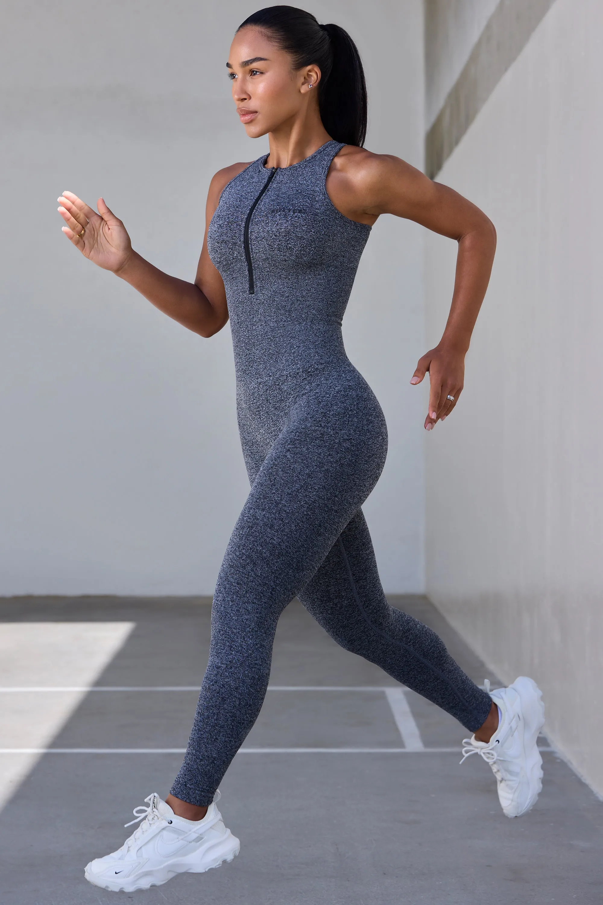 Petite Super Sculpt Seamless Zip Up Full Length Unitard in Marl Black sold by Oh Polly product image thumbnail 3