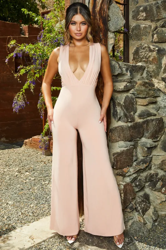 Wanderlust Petite Plunging Wide Leg Jumpsuit in Peach sold by Oh Polly