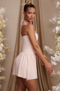 Halter Neck Asymmetric Mini Dress in Blush sold by Oh Polly