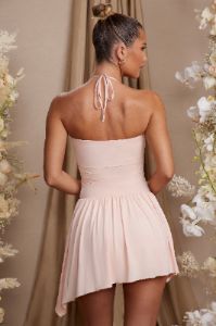 Halter Neck Asymmetric Mini Dress in Blush sold by Oh Polly