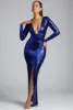 Long Sleeve Metallic Jersey Evening Gown in Electric Blue sold by Oh Polly