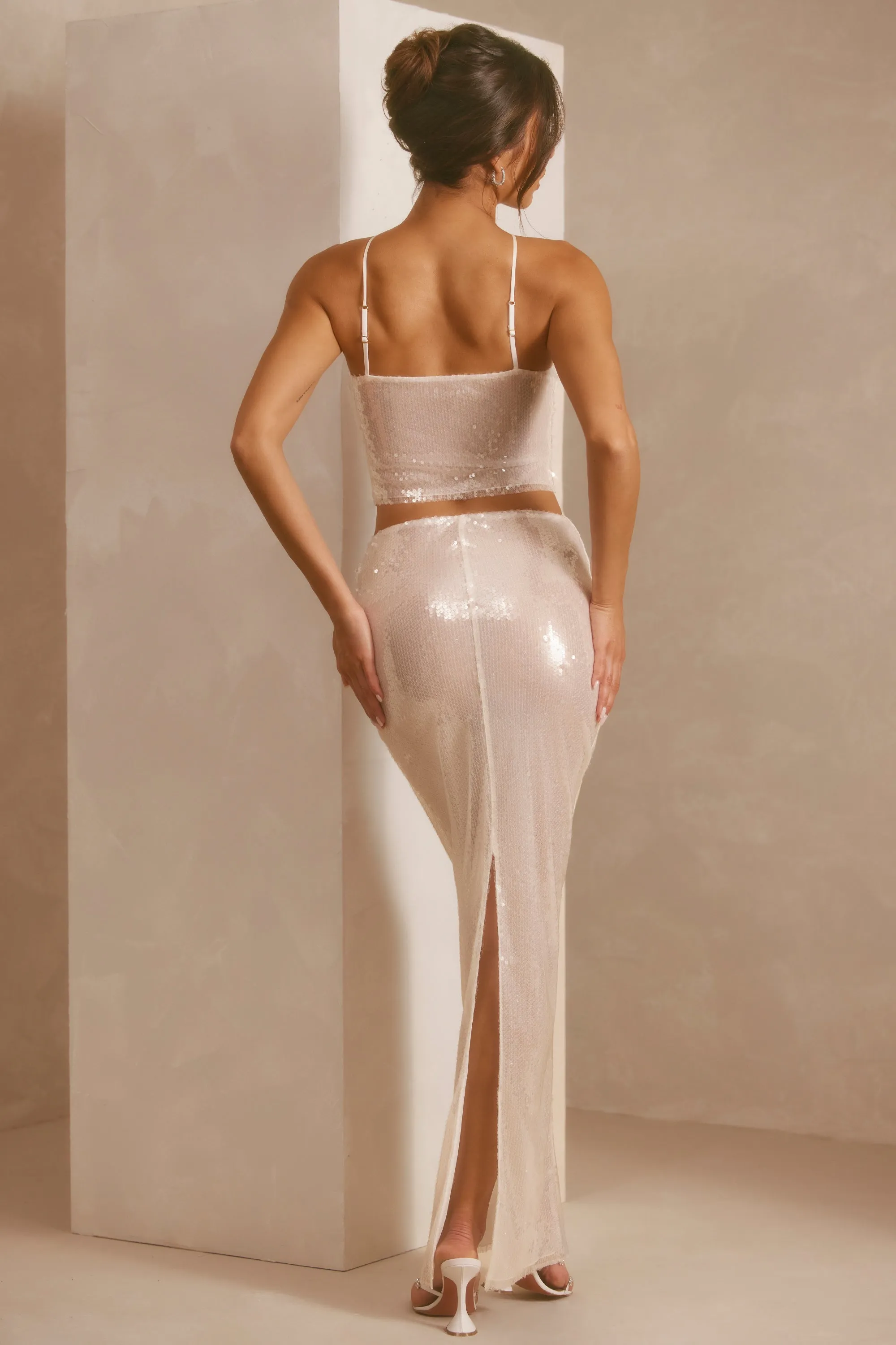 Sheer Sequin Mid Rise Maxi Skirt in White sold by Oh Polly product image thumbnail 2