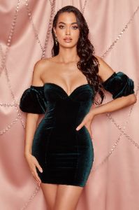 Make An Entrance Velvet Puff Sleeve Mini Dress in Green sold by Oh Polly
