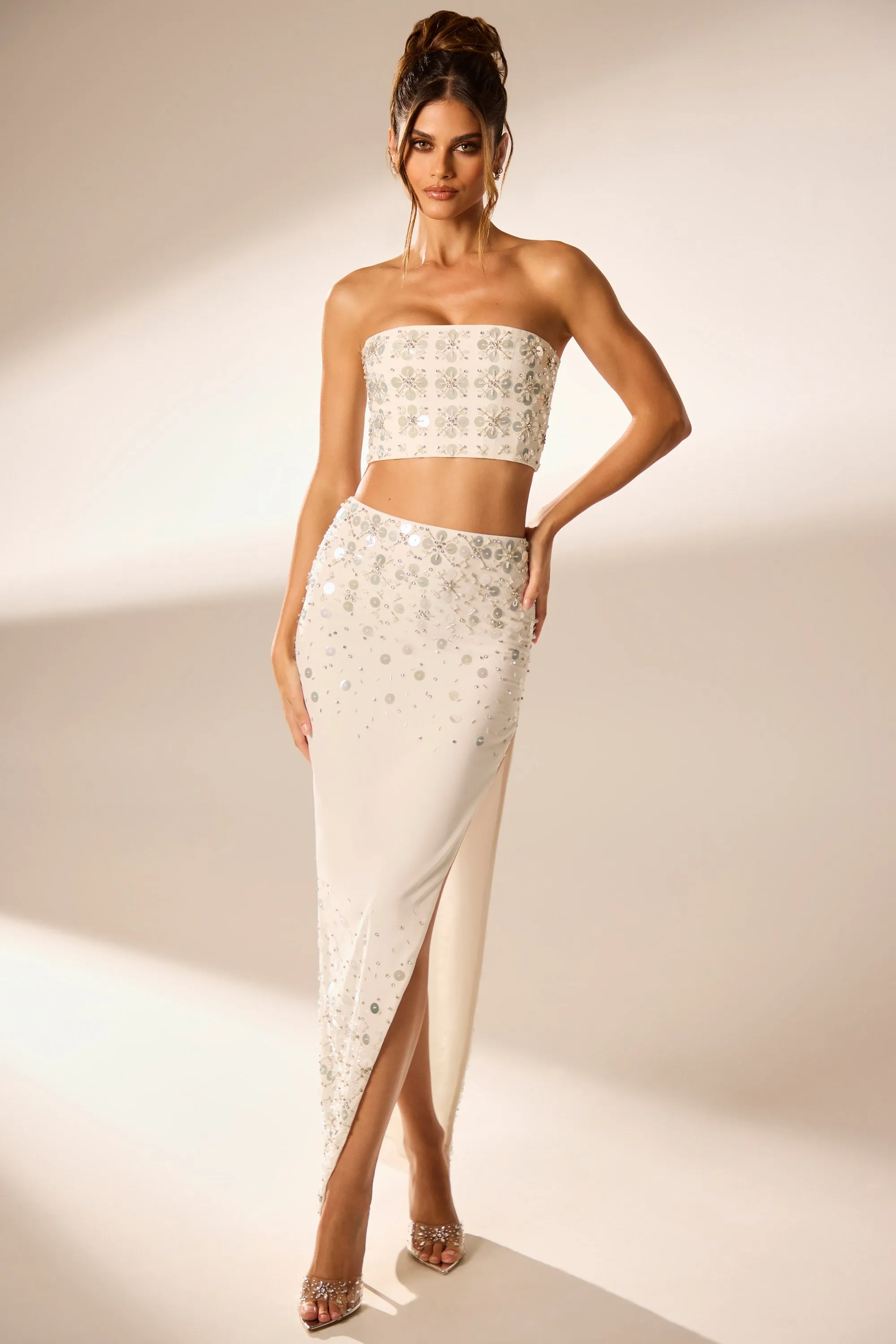 Hand Embellished Maxi Skirt in Ivory sold by Oh Polly
