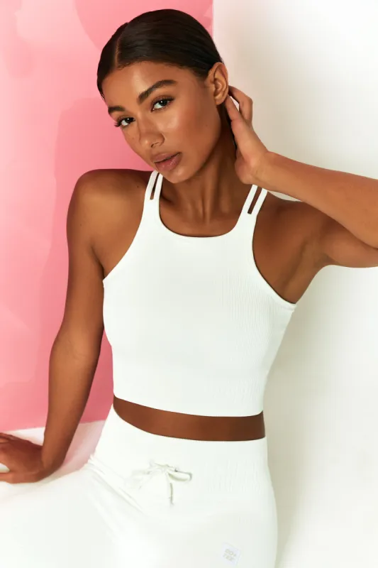Feel Your Power Ribbed Racer Crop Top in White sold by Oh Polly