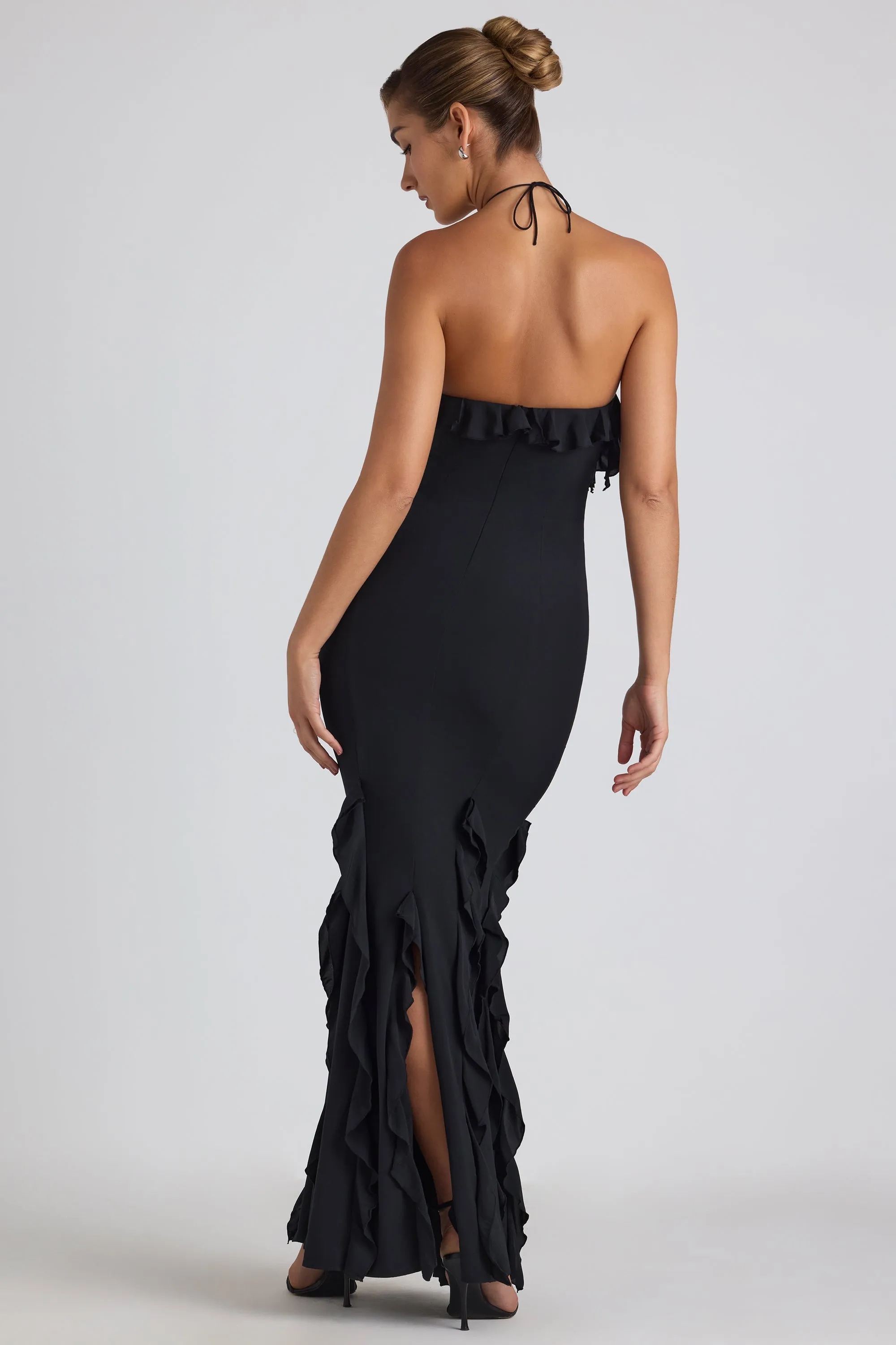 Ruffle-Trim Halterneck Gown in Black sold by Oh Polly product image thumbnail 2