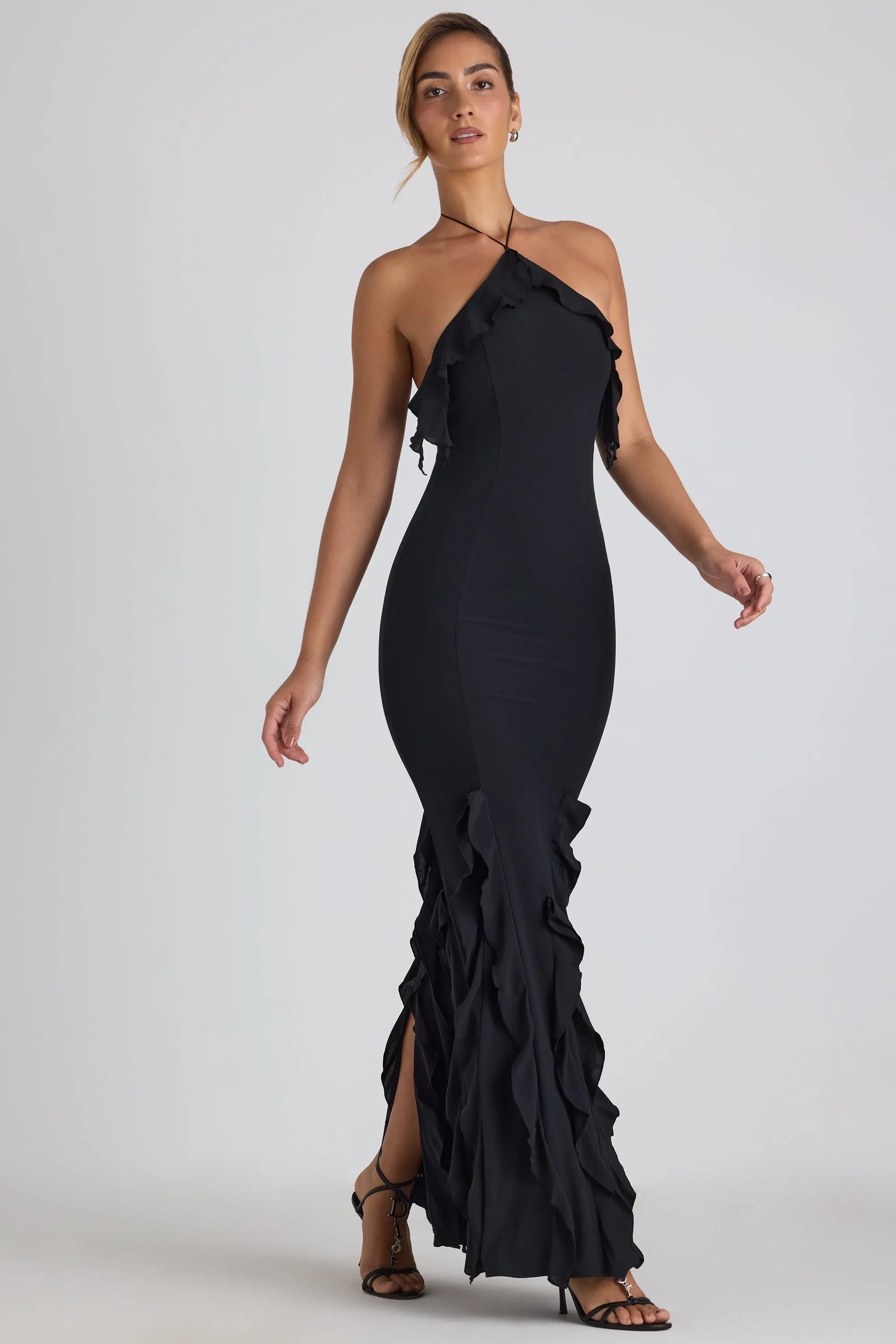Ruffle-Trim Halterneck Gown in Black sold by Oh Polly product image thumbnail 5