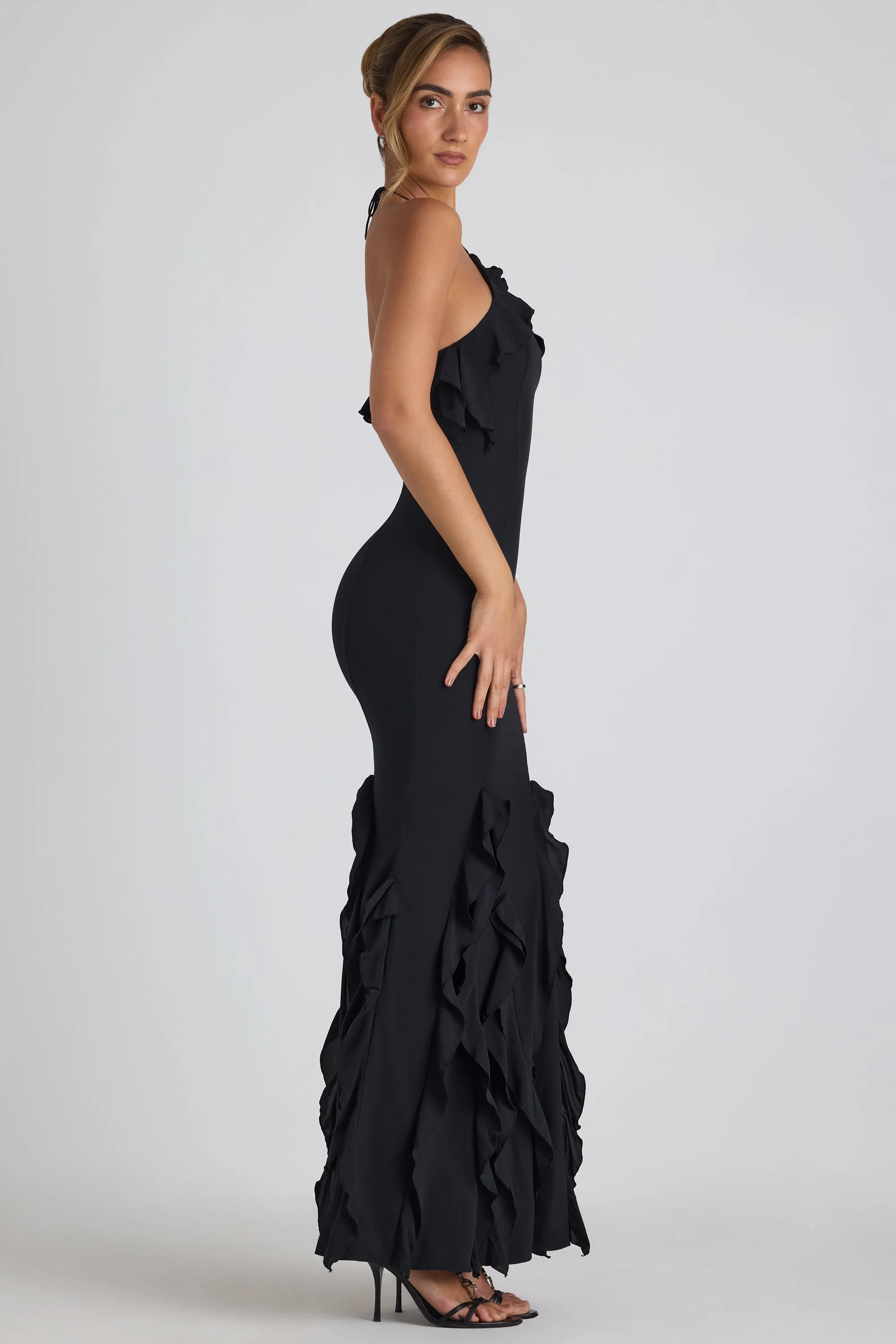 Ruffle-Trim Halterneck Gown in Black sold by Oh Polly product image thumbnail 3