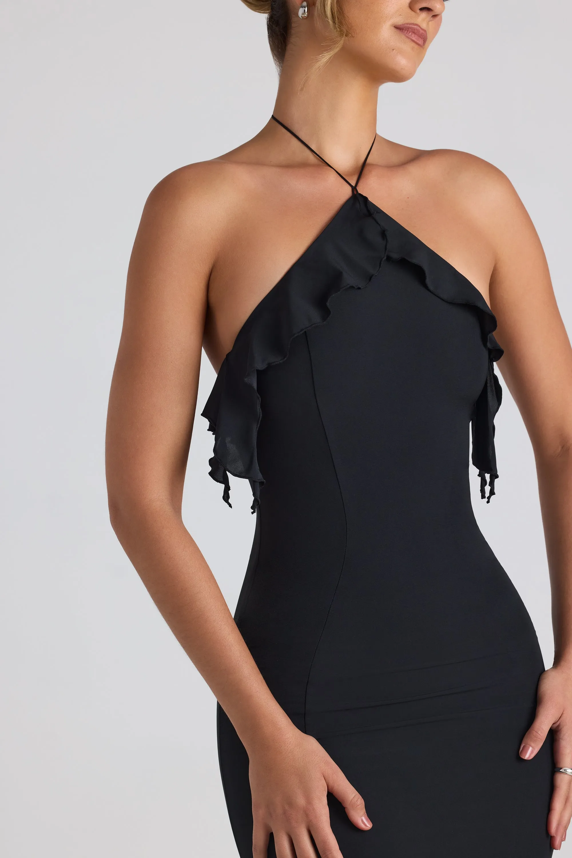Ruffle-Trim Halterneck Gown in Black sold by Oh Polly product image thumbnail 4