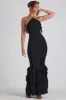 Ruffle-Trim Halterneck Gown in Black sold by Oh Polly