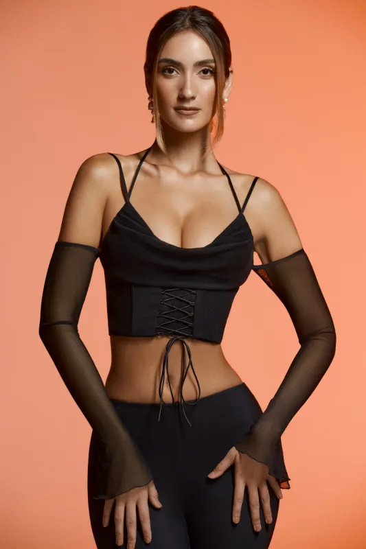Long Sleeve Cold Shoulder Crop Top in Black sold by Oh Polly