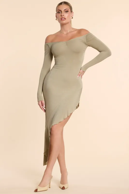 Long Sleeve Off-The-Shoulder Modal Cashmere Blend Maxi Dress in Taupe sold by Oh Polly