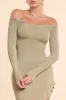 Long Sleeve Off-The-Shoulder Modal Cashmere Blend Maxi Dress in Taupe sold by Oh Polly