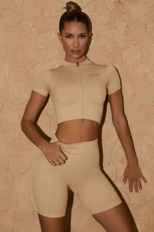 Short Sleeve Crop Top in Beige sold by Oh Polly