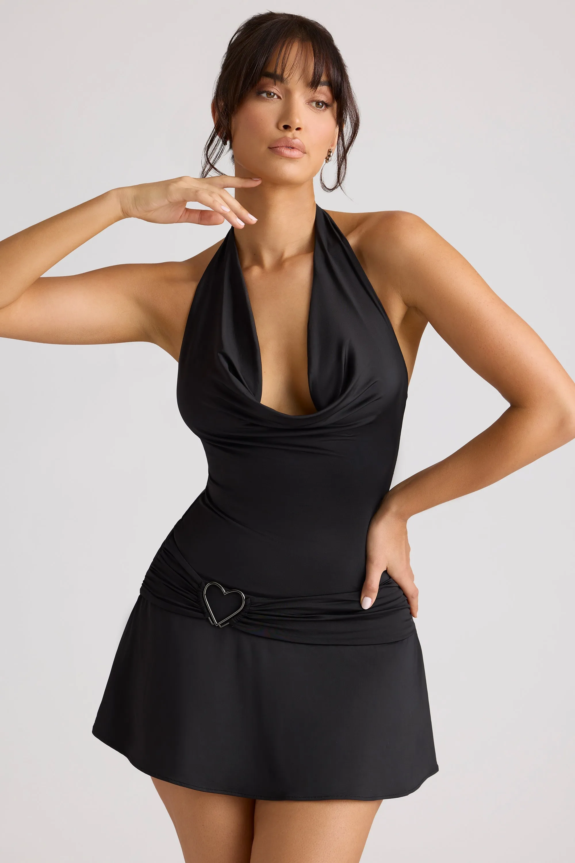 heart detail cowl neck mini dress in black Cut-Out Heart-Detail Bodycon Mini Dress in Black