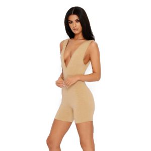 Deep Feelings Extreme Plunge Unitard Playsuit in Beige sold by Oh Polly