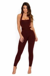 Hips Don't Lie Halter Neck Jumpsuit in Wine sold by Oh Polly