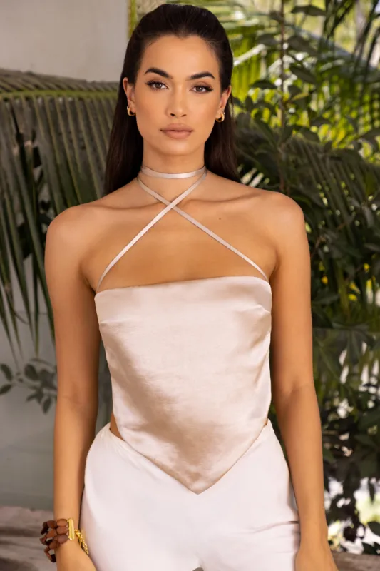 Satin Crossover Scarf Top in Stone sold by Oh Polly