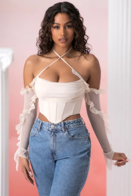 Frill Detail Cowl Neck Crop Top in Stone made by Oh Polly