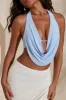 Halter Neck Plunge Cowl Crop Top in Light Blue sold by Oh Polly
