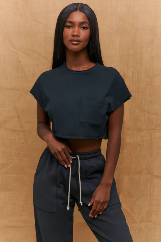 Pull Up Cropped Pocket T-Shirt in Black sold by Oh Polly