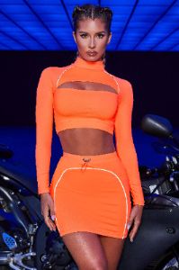 Laser Beam High Neck Long Sleeve Crop Top in Neon Orange sold by Oh Polly