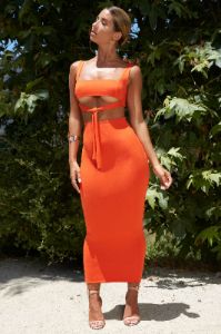 Tie On The Prize Double Layered High Waisted Maxi Skirt in Orange sold by Oh Polly