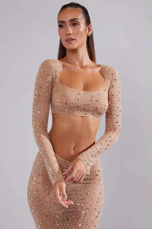 Sheer Embellished Long Sleeve Crop Top in Almond sold by Oh Polly