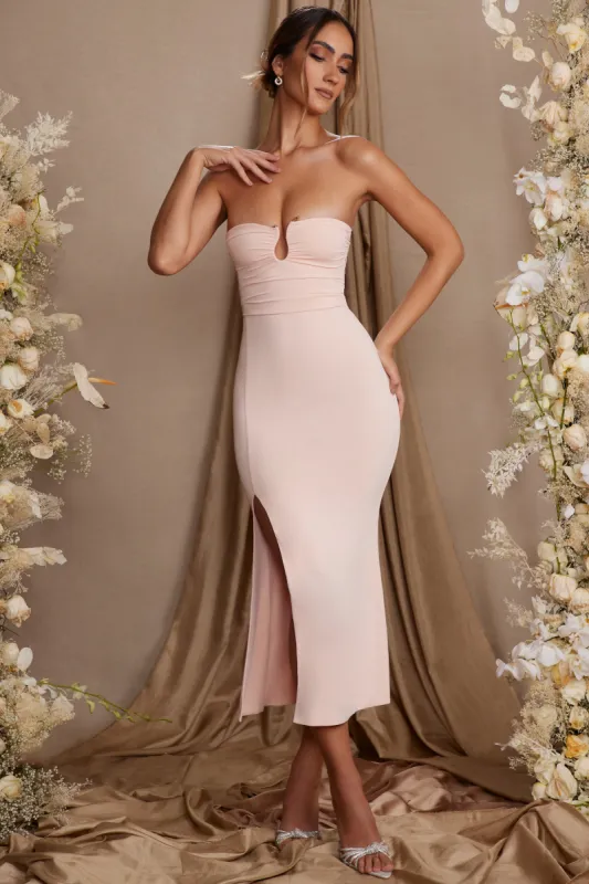 Strapless Thigh High Split Maxi Dress in Blush sold by Oh Polly