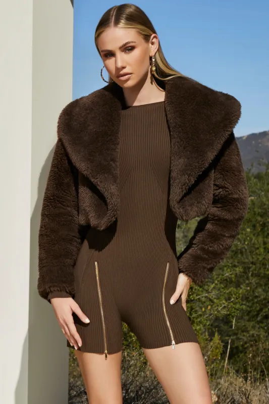 Cropped Oversized Collar Teddy Jacket in Brown sold by Oh Polly