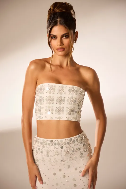 Hand Embellished Bandeau Corset Crop Top in Ivory sold by Oh Polly