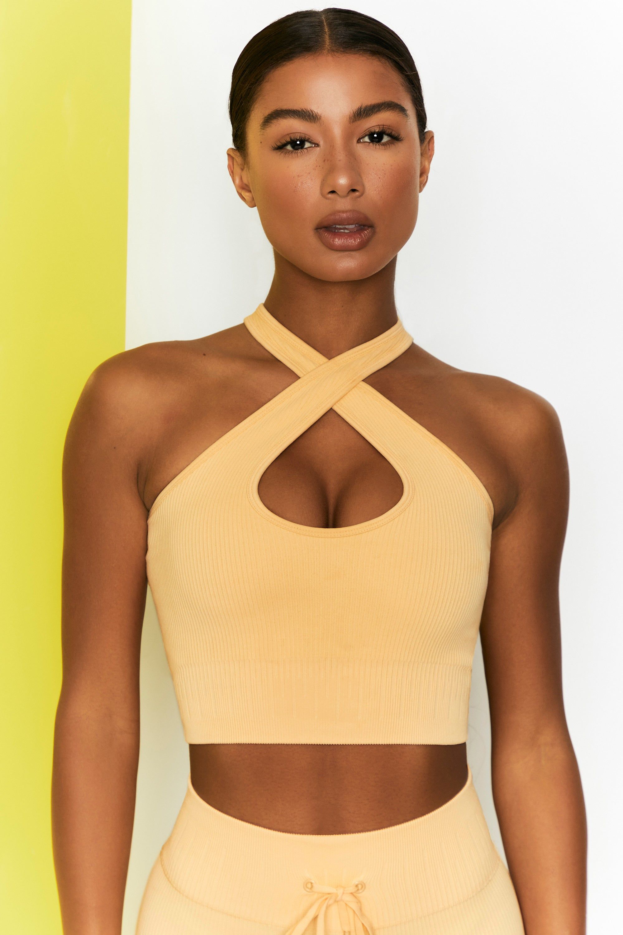 Ribbed Halter Crop Top in Yellow sold by Oh Polly