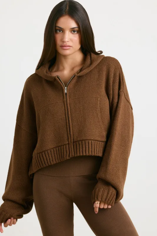 Cropped Zip Up Chunky Knit Hoodie in Espresso sold by Oh Polly