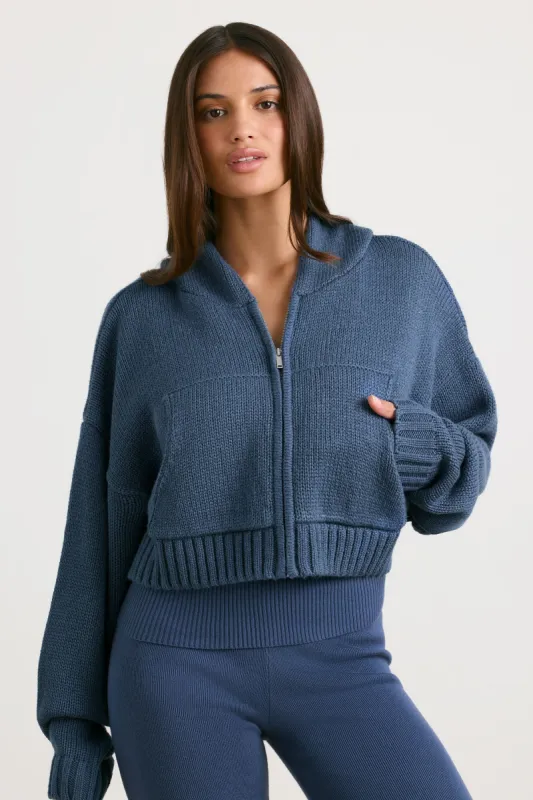 Cropped Zip Up Chunky Knit Hoodie in Washed Navy sold by Oh Polly