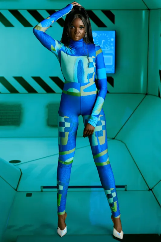 High Vibrations High Neck Long Sleeve Jumpsuit in Blue Print sold by Oh Polly