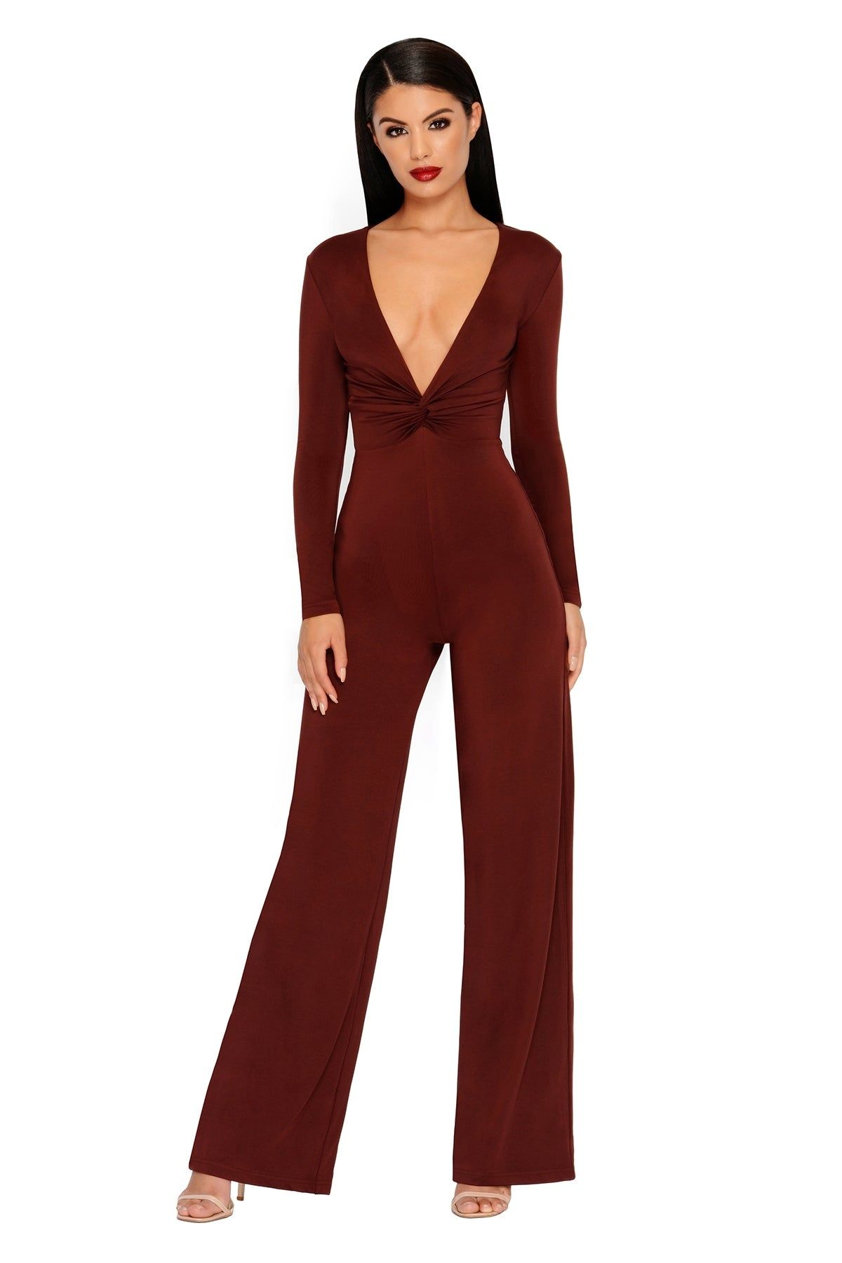 Flow Your Own Way Plunging Wide Leg Jumpsuit in Wine sold by Oh Polly